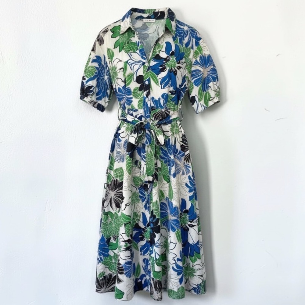 Vintage Style Floral Shirt Dress Blue Green Tropical Button Down Midi Belted S